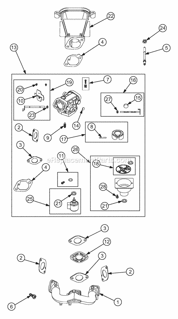 Carburetor And Intake Manifold Diagram and Parts List for RZT22 17AA5A7P710, 17AA5A7P712 Cub Cadet Lawn Mower